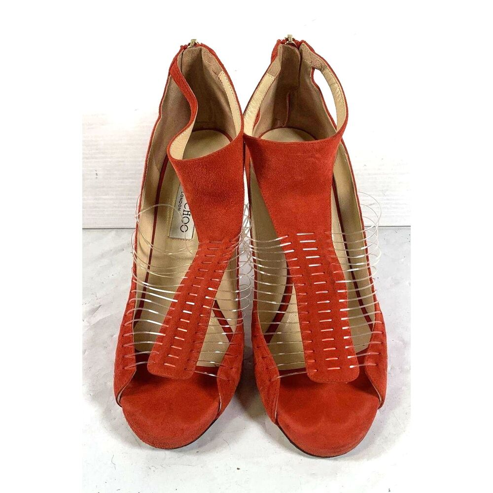 Jimmy Choo Italy Red Leather Open Toe Classic Stiletto Pump Heels Size 38 (7.5)